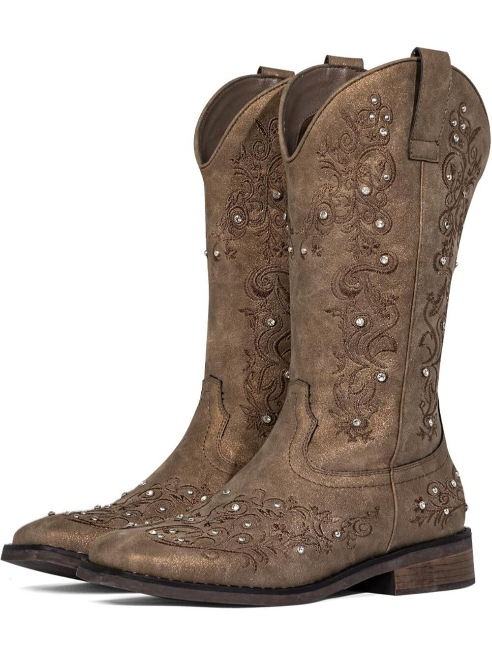 Women's Brown Square Toe Rhinestone Cowgirl Boots Vintage Retro Mid Calf Boots
